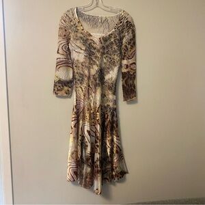 Lindi Vintage Size Med Brown and Yellow Fit and Flare Maxi Dress Lace Panels EUC